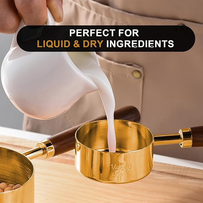 SHIKORI Gold Measuring Cups and Spoons Set with Wood Handles 8PCS | Premium Stainless Steel Measuring Spoons and Measuring Cups Set,Ideal for Dry & Liquid Ingredients(Gold)