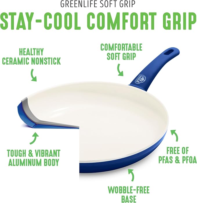 GreenLife 16 Piece Ceramic Nonstick Pots & Pans Cookware Set, Blue | PFAS-Free Nonstick Coating, Stockpot, Frying Pans, Saucepans, Sauté Pan, Stay-Cool Handles, Dishwasher & Oven Safe up to 350F