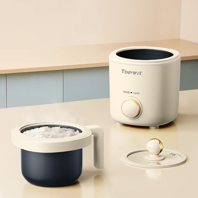 TOPWIT Small Rice Cooker 2-Cup Uncooked, 1.2L Nonstick Mini Rice Cooker | Removable Pot, BPA-free, One-touch Operation, Auto Keep Warm, Ideal for Dorm, Office & Travel, Compact & Portable, Beige