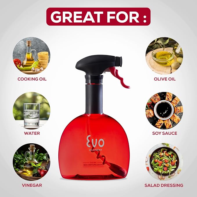 Evo Original Oil Sprayer Bottle | Non-Aerosol for Olive Oil, Cooking Oils, Vinegars | 24-Oz Capacity | Rotatable Nozzle | Gourmet Cooking Tools - Food-Safe Materials | Red