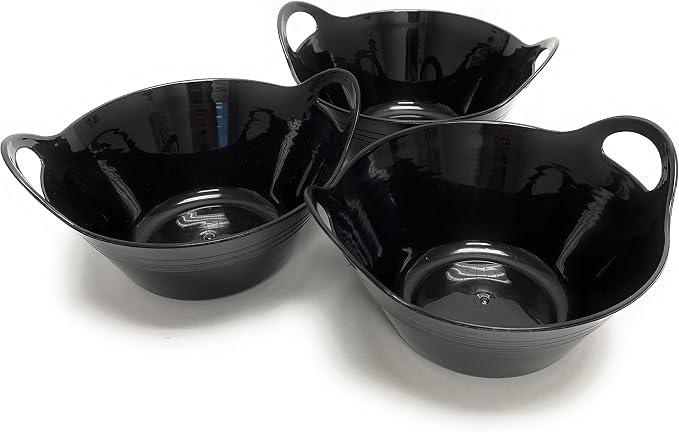 Mintra Home Plastic Bowls with Handles (970ml Small 3pk, Black) - 6.75inW x 3inH - for snacks, candy, popcorn, gift basket, lightweight serving bowl for party, 3 Pack