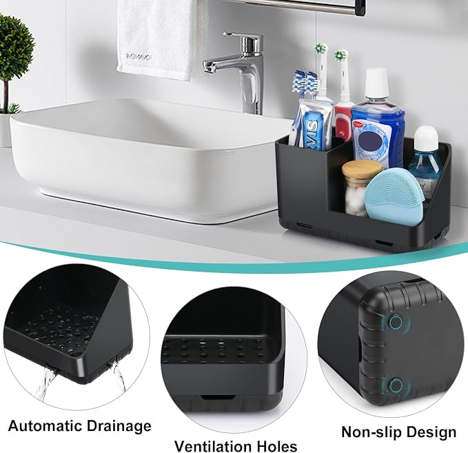 Toothbrush Holders for Bathroom Counter Organizer and Storage (Black) | Easy To Clean, Drainage, Non-Slip, Detachable, Kids Electric Toothbrush Organizer for Bathroom