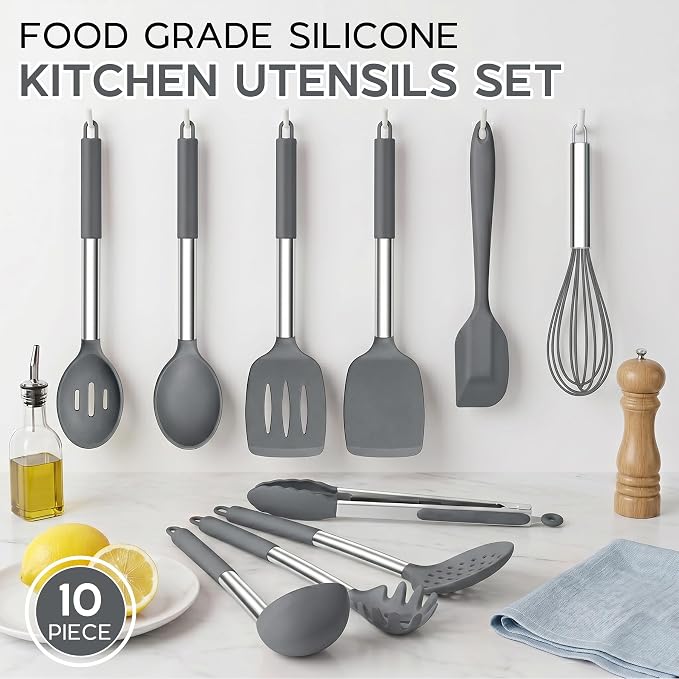 Onader 10 Pieces Silicone Kitchen Utensils Set, Cooking Utensils with Holder and Heat Resistant Stainless Steel Handle for Nonstick Cookware -Gray