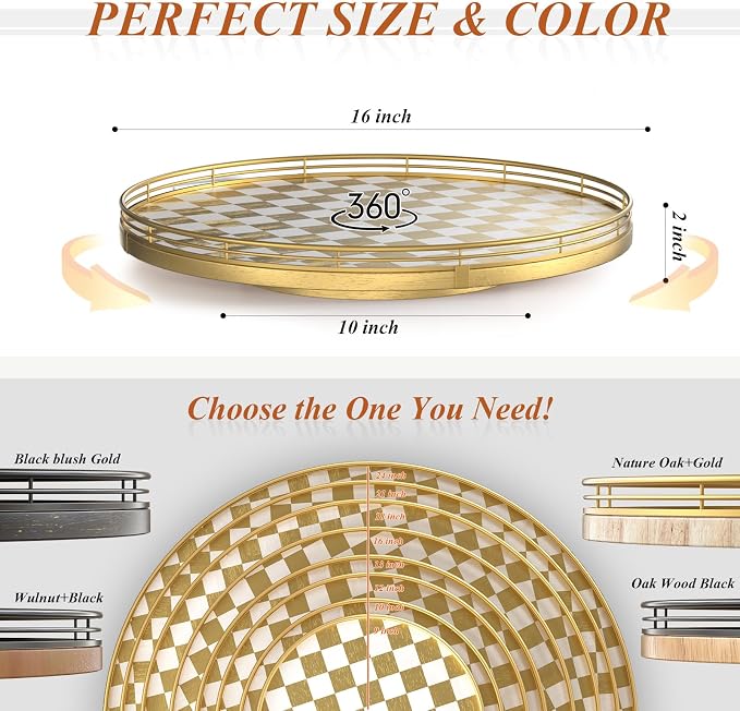 AMH 16-Inch Gold and White Checkerboard Lazy Susan with Rubberwood Base | Smooth rotating oak tray with walnut finish for dining tables, kitchen counters, pantries and cabinet storage.