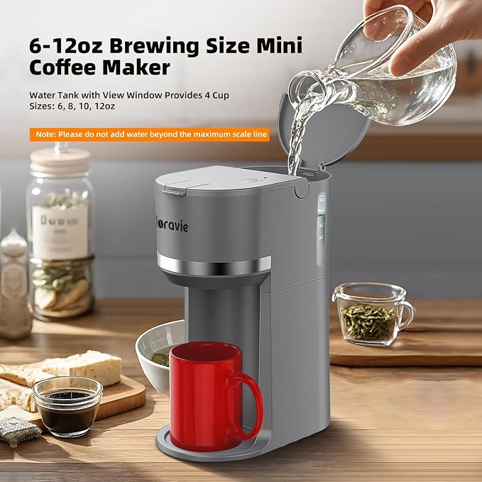 Horavie Mini Single Serve Coffee Maker for K Cup Pods and Grounds, Fast Brew One Cup Coffee Machine with Descaling Reminder and Water Window, 6 to 12 oz. Brew Sizes, Gray