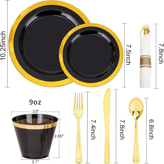 YOUBET 350PCS Black and Gold Plastic Plates for Party Wedding | Black Disposable Dinnerware Sets for 50 Guests - 100 Plastic Plates, 150 Gold Silverware, 50 Cups, 50 Pre Rolled Napkins
