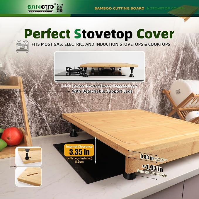 BAMOTTO CRAFTBAMBOO 20 x 22 Inch Large Bamboo Cutting Board — Stovetop Cover, Over the Sink Board, Noodle Board with Detachable Legs & Non-Slip Lip, Juice Groove for Kitchen Countertop
