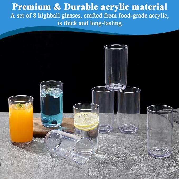 Berglander Highball Glasses Set 8pc, 14 oz Tall PET Clear Plastic Drinking Collins Glasses, Reusable Water Glass Cups, Bar Glassware Tumbler for Beverage, Beer, Juice, Milk, Mojito, Cold Drink