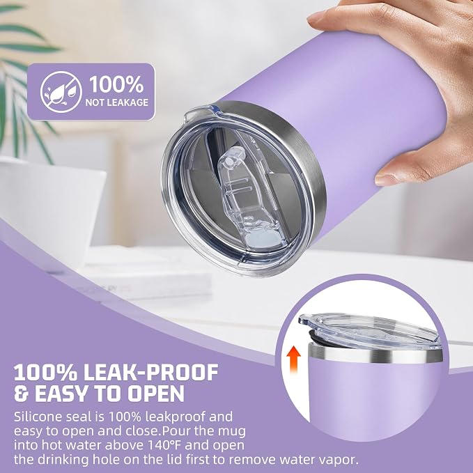 20 oz Tumbler with Lids and Straws, Stainless Steel Insulated Travel Coffee Mug, Double Wall Vacuum Insulated Tumblers, Powder Coated Coffee Tumbler for Cold & Hot Drinks (Light Purple,4pack)