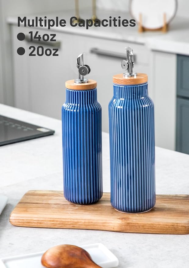 Nucookery 20oz Ceramic Olive Oil Dispenser Bottle for Kitchen spray, Large Capacity Cooking Oil Container for Storage Vinegar, Soy Sauce, Coffee Syrup, Liquids, Blue
