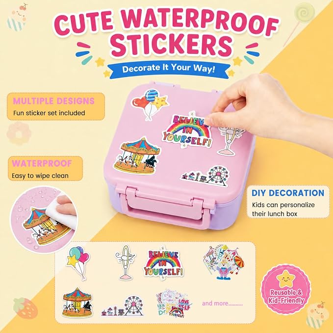 Bento Lunch Box for Kids with 9oz Thermo, Leak-proof Lunch Containers with 3 Compartments,Kids-friendly Size,Durable/Dishwasher Safe Lunch Box for School Outdoors Purple-Pink