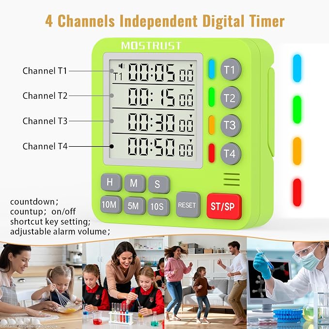 Digital Dual Kitchen Timer, Multiple Channels Countdown Timer | 4-Groups Timer with Magnetic-Back Memory-Preset Large Display Adjustable Alarm Volume, 3A Battery Included, Ideal for Cooking