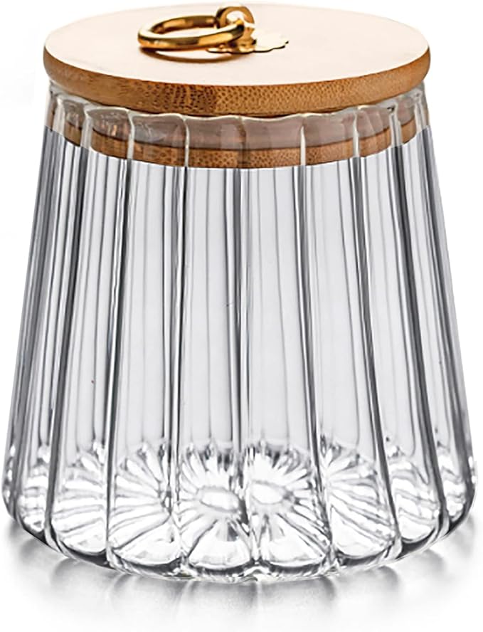 Glass Coffee Nuts Canister, Airtight Jar Bamboo Lid 23 FL OZ, Small Conical | Sealed Kitchen Storage Jar, 700ml Petal Ribs Design Decorative Candy Coffee Container, Gold Metal Handle, Easy to Grasp