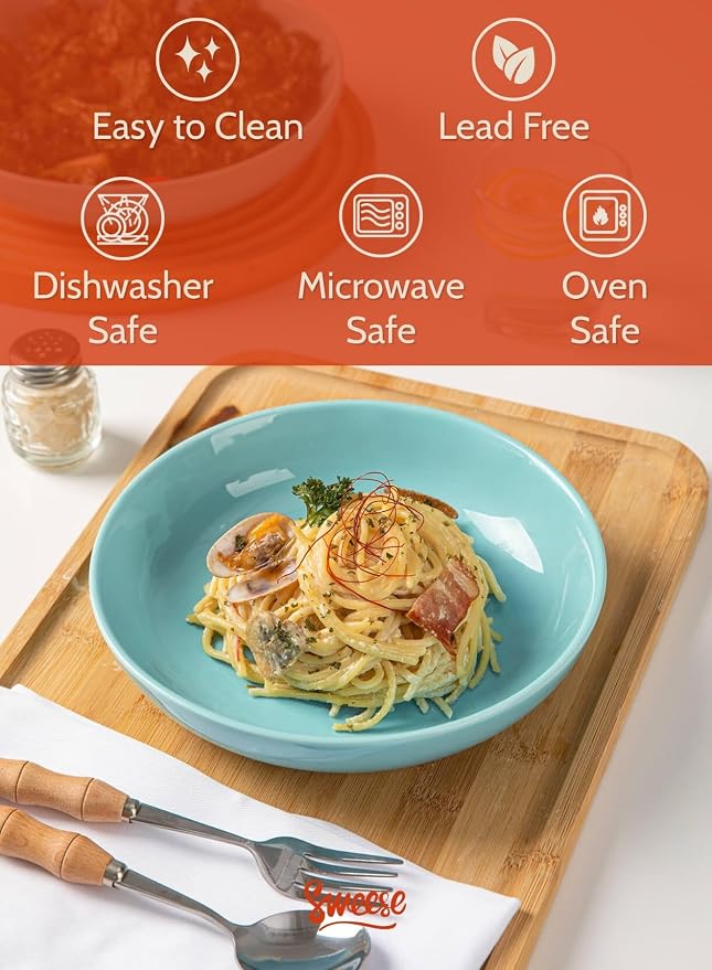 Sweese Pasta Bowls, 22 Ounce Salad Serving Bowls Set of 6, 7.6 Inch Porcelain Plates for Serving Dinner, Salad - Microwave Dishwasher Safe, Cool Assorted Colors