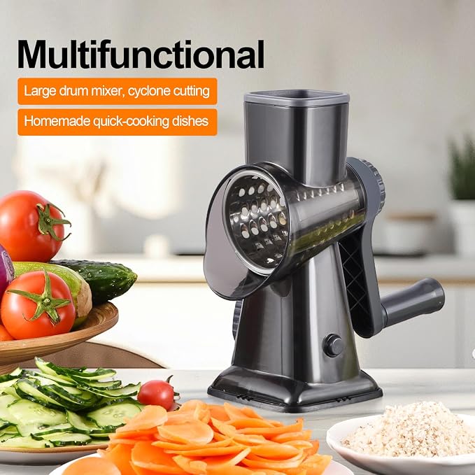 Rotary Cheese Grater Manual Hand Crank 3-in-1 Vegetable Shredde | Finger-safe design, stainless steel drums, suction base. Perfect for cheese, vegetables, nuts & chocolate. Easy to clean