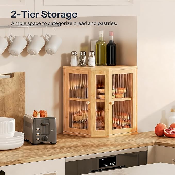 HOOBRO Bread Box, Bamboo Bread Box for Kitchen Countertop, 2-Tier Corner Bread Box, Large Capacity Bread Bin, Food Storage Box, Bread Storage Container for Kitchen, Dining Room, Natural YL12MB01