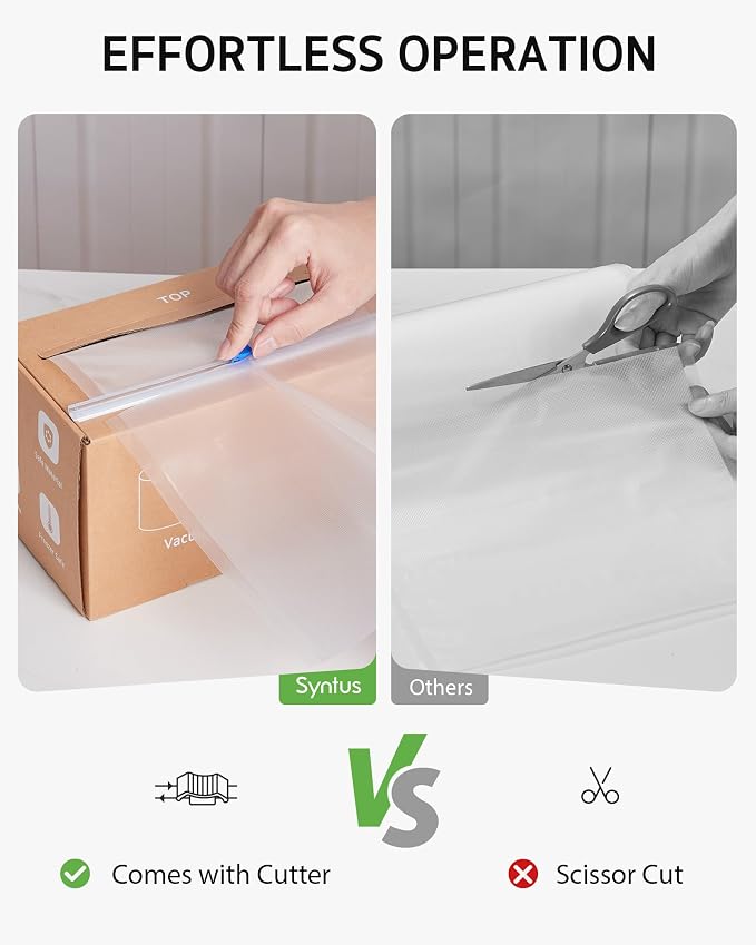 Syntus 8" x 150' Vacuum Sealer Bags for Food Seal Rolls with Cutter | BPA Free, Sous Vide Microwave Freezer Safe, Custom Size, Effortless and Precise Cutting, Works with All Vacuum Sealers