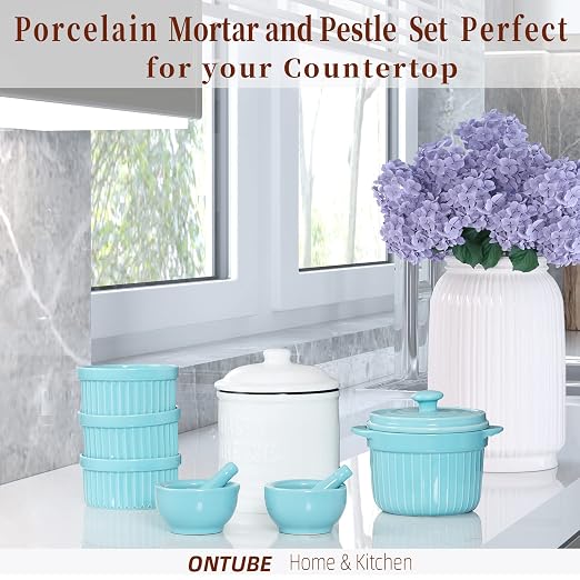 Mortar and Pestle Set (3.2 Inch-Turquoise) | Ceramic stoneware, sturdy, multi-purpose, spice/herb/pill, easy-clean, non-slip, comfy, dishwasher-safe, compact, elegant