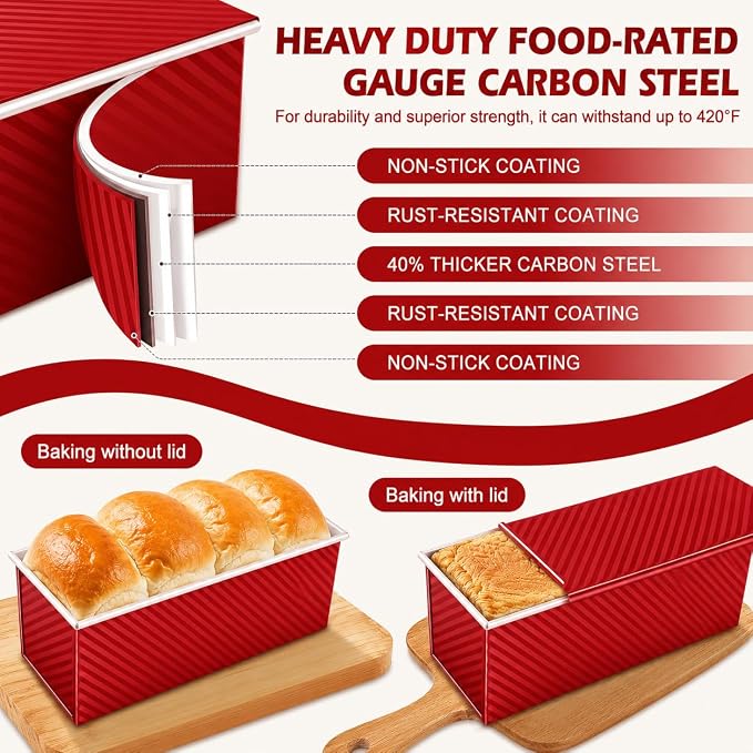 Bread Loaf Pan with Lid-2Pack, 2.2LB & 1LB | Food-Grade Nonstick Coating, Easy Release, Perfect Loaf Shape, Corrugated Design, Oven Safe up to 450°F