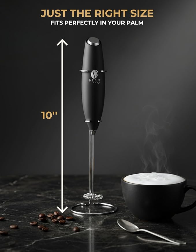 Bean Envy Milk Frother Handheld - Coffee Mixer Wand with Stand - Black | Battery Operated, Stainless Steel Whisk, 19000 RPM, Protein Powder Blender, Electric Stirrer, Mini Foamer