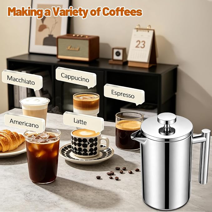 304 Thickened Stainless Steel 350ml French Press 11.83oz Moka Pot | Coffee Maker French Coffee Presses Cold Brew Cafetera Tea pot for Home & Camping Gifts Decor Bar Accessories Silver