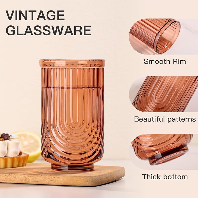 JOVGANK Amber Vintage Glassware Set of 6-17Oz Brown Water Drinking Glass, Art Deco Ripple Highball Glass, Whiskey Cocktail Glasses, for Bar Ice Coffee Juice, Housewarming Gifts Gift