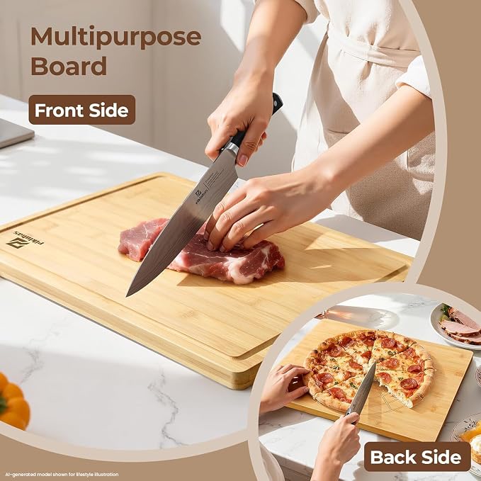 Bamboo Cutting Boards Set of 4 for Kitchen with Wood Storage Stand | Premium Chopping & Charcuterie Board with Juice Groove, Non Slip Feet and Easy-Grip Handles, Steak Serving Tray, Gift Box