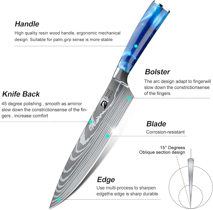 Chef Knife Sets with Roll Bag, 9 Pieces Professional Knife Set | High Carbon Stainless Steel Kitchen Chef Knife Set with Sharpener, Blue Resin Handle, Kitchen & Home Cooking, Dishwasher Safe