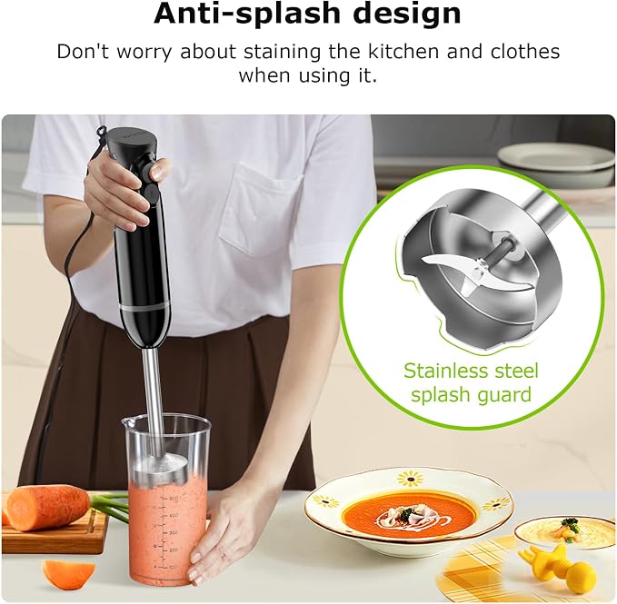 Bonsenkitchen Immersion Hand Blender, Smoothie, Puree, Baby Food | Electric Handheld Mixer Portable Stick Mixer with Stainless Steel Blades for Soup, Emulsion Blender with 2 Mixing Speed