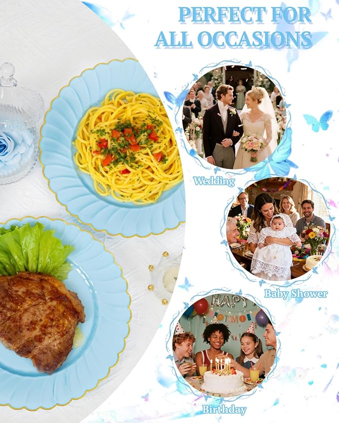 YOUBET 175PCS Light Blue Scalloped Plastic Plates for Party Wedding | Blue Disposable Dinnerware Set Include 50 Plates, 75 Gold Silverware, 25 Cups, 25 Napkins for Baby Shower