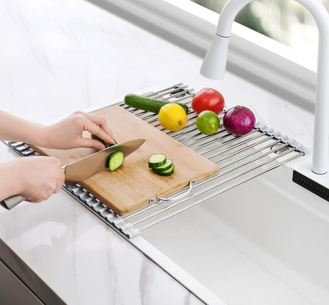 Tomorotec Roll Up Dish Drying Rack Over Sink, 304 Steel, 17.7x15.5, Marble | Anti-Slip Silicone Rims For Grip, Heat-Resistant Trivet Mat Holding Heavy Cookware, Rustproof Kitchen Counter Space Saver