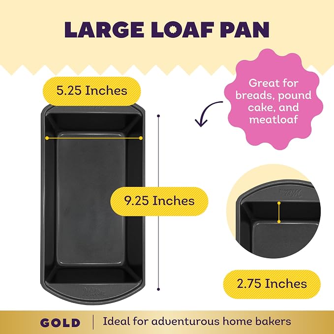 Wilton Gold Non-Stick Loaf Pan, Made Without PFAS, 9 x 5 in. | Non-Stick Steel with Scratch-Resistant Coating, Resists Warping & Extended Handles, Dishwasher Safe, Perfect for Breads