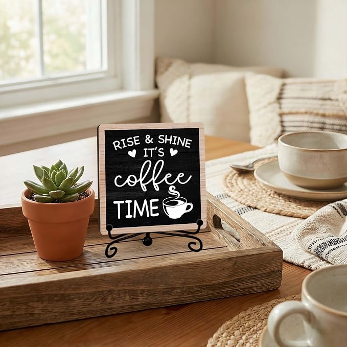 Rustic Coffee Bar Decor, 5"x5" Coffee Bar Sign | Rise & Shine It's Coffee Time Wood Plaque with Stand | Farmhouse Gift for Home Kitchen Tabletop Desk - A02