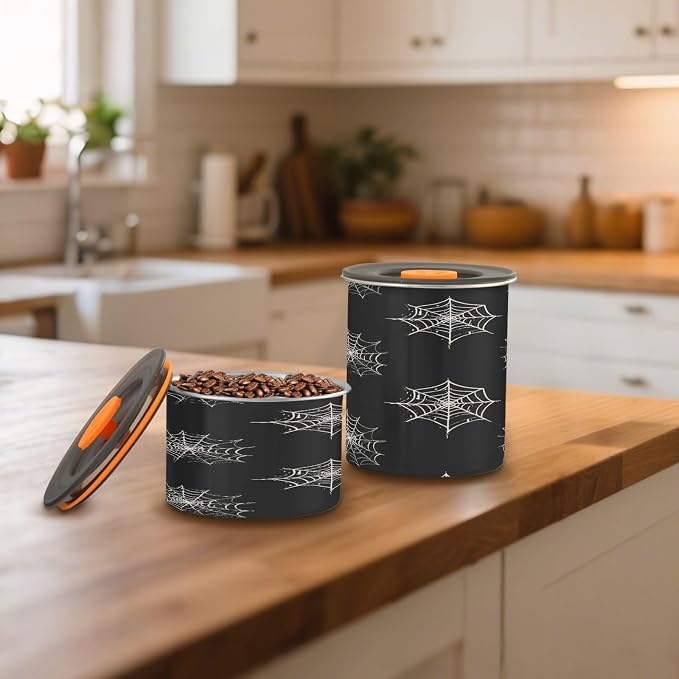 Halloween Spider Web Airtight Food Canister, 30oz Stainless Steel Storage Jar for Coffee Beans Tea Grains Snacks, Kitchen Organizer Decor