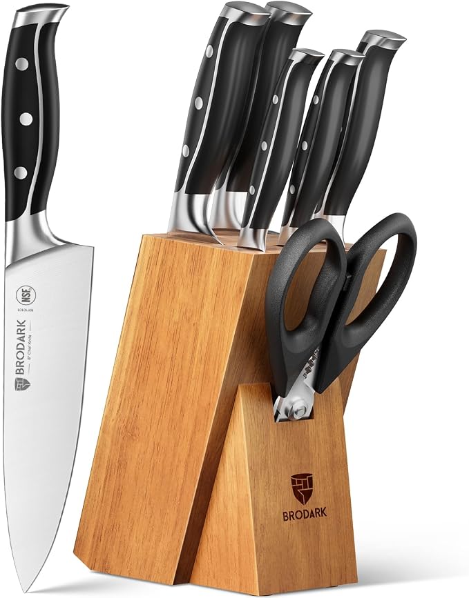 7Pcs Ultra Sharp Kitchen Knife Set, Acacia Wood Block with Scissors | Engineered for Balance with Durable German High Carbon Stainless Steel and Ergonomic Comfort Grip, Great Gift for Home Chefs