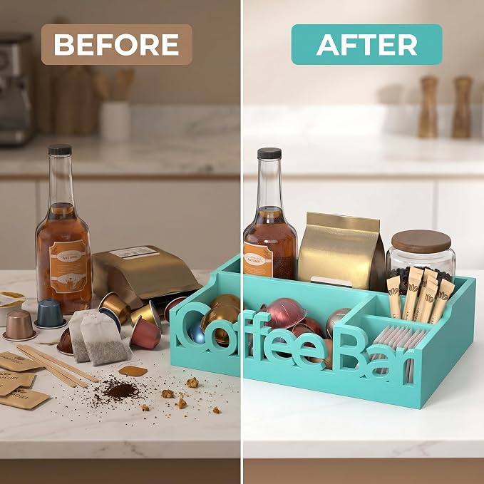 Coffee Bar Organizer Countertop, Wood Coffee Pod Holder & Condiment Caddy | Coffee Pods, Sugar Packets, Stir Sticks & Cups
