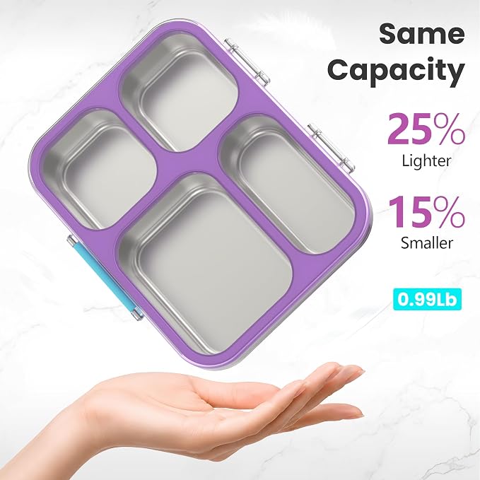 HOMEKOL Stainless Steel Bento Lunch Box, 4 Cups, Purple | 4-Compartment Leak-Proof Metal Lunch Container for Kids & Adults, BPA/BPS-Free, Dishwasher Safe, Clear Lid, (Not Insulated)