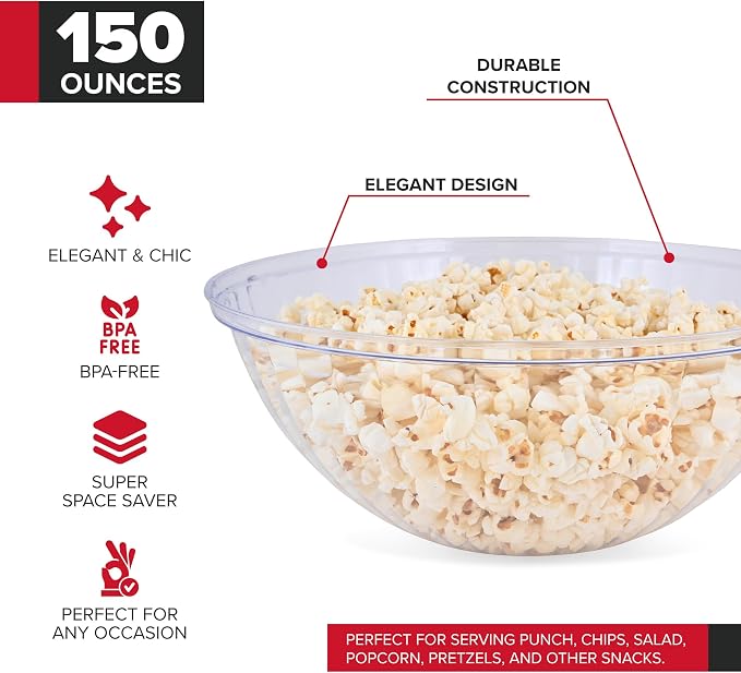 150 oz Clear Plastic Serving Bowls (4 Pack) Disposable Candy Dishes, Buffet Containers for Chips, Popcorn Snacks, Mints, Salad Bar, Punch, Snack Bowl Parties, Office Desk, Bridal Shower Party Supplies