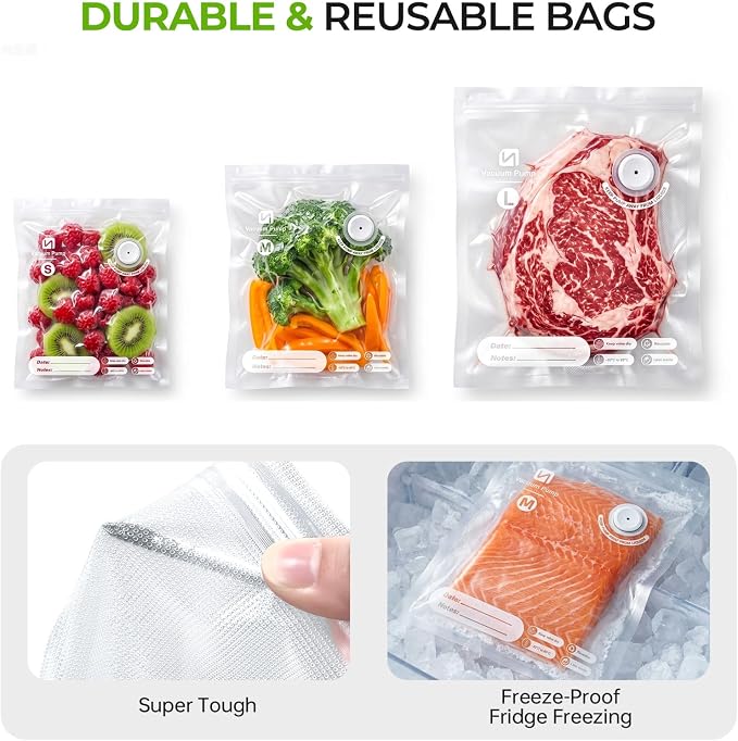 ShinePick Vacuum Sealer Bags for Food, Reusable Bags with Air Valve, Vacuum Bags for Food Saver, BPA-Free, Great for Storage, Meal Prep and Sous Vide (5L & 5M & 5S)