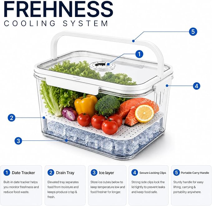 FreshNest 2 Pack Food Storage Containers with Lids, Drain Tray, Date Tracker & Carry Handle for Fruit, Lunch, Snacks, BBQ Prep, Picnic & Fridge Organization