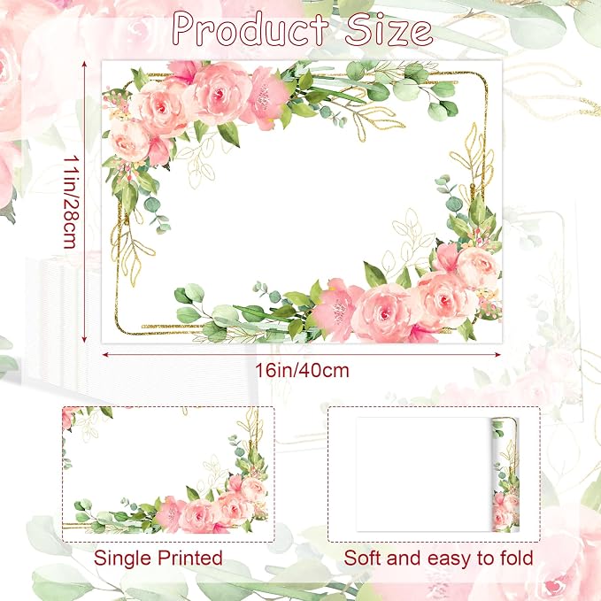 Paper Placemats Disposable 50 Pack Floral Placemat Disposable | Spring Summer Decorative Paper Table Mat for Wedding Anniversary Bride Birthday Party Supplies - Pink Rose