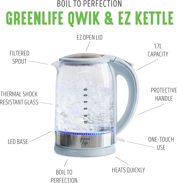 GreenLife 1.7 Liter Electric Glass Kettle, Blue Haze | Glass Body, Auto Shutoff, Thermal Shock Resistant, Quick Heating, Easy One Touch Use, Cordless Serving, LED Base, Coffee/ Tea