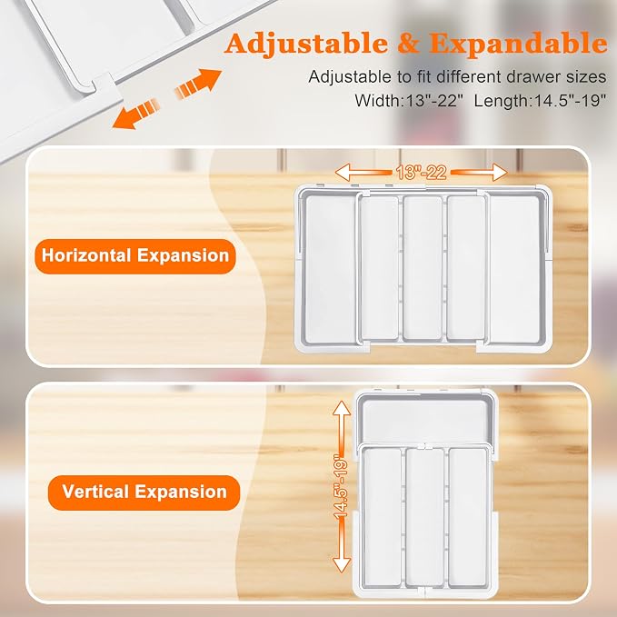 Large Utensil Drawer Organizer Expandable Silverware Organizer for Kitchen Drawer Adjustable Cooking Utensil Holder Cutlery Flatware Tray Spatula Tools Gadgets Storage Dividers Plastic White