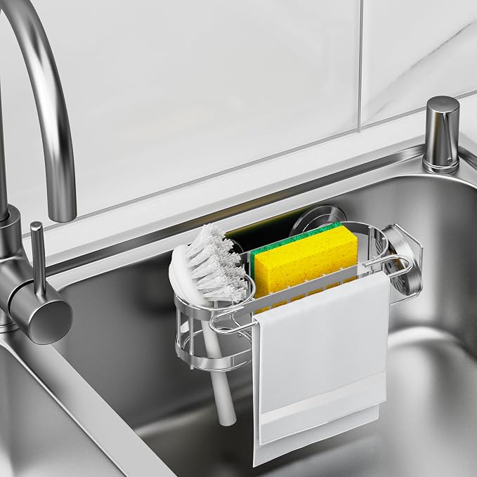 Cisily Kitchen Sink Caddy Sponge Holder in The Sink, Stainless Steel Kitchen Sink Organizer, Brush Holder, Dish Cloth Hanger, Sink Stopper Holder (Suction cup-Silver)