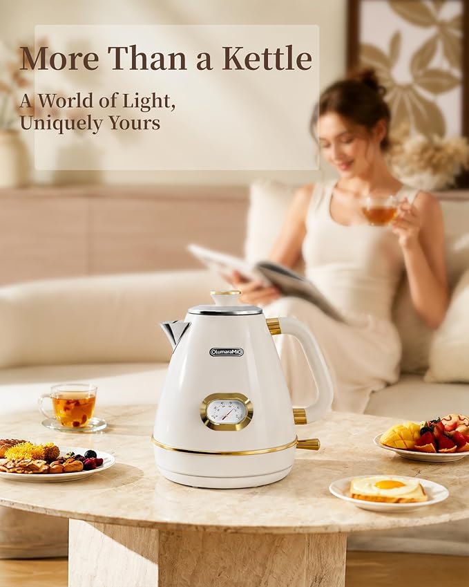Olumaramio 1.7L Retro Electric Kettle with Thermometer, 1500W, Pearl White | 304 Stainless Steel, 1500W Fast Boiling, Auto Shut-Off, Boil-Dry Protection, BPA-Free