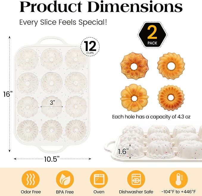 Vinino 3 Inch Mini Fluted Cake Pan, 2 Pack with Metal Frame | 4 Shapes 12 Cavity Mini Cake Mold Set for Batch Baking, Flan, Jello, Pudding, Brownies & Desserts