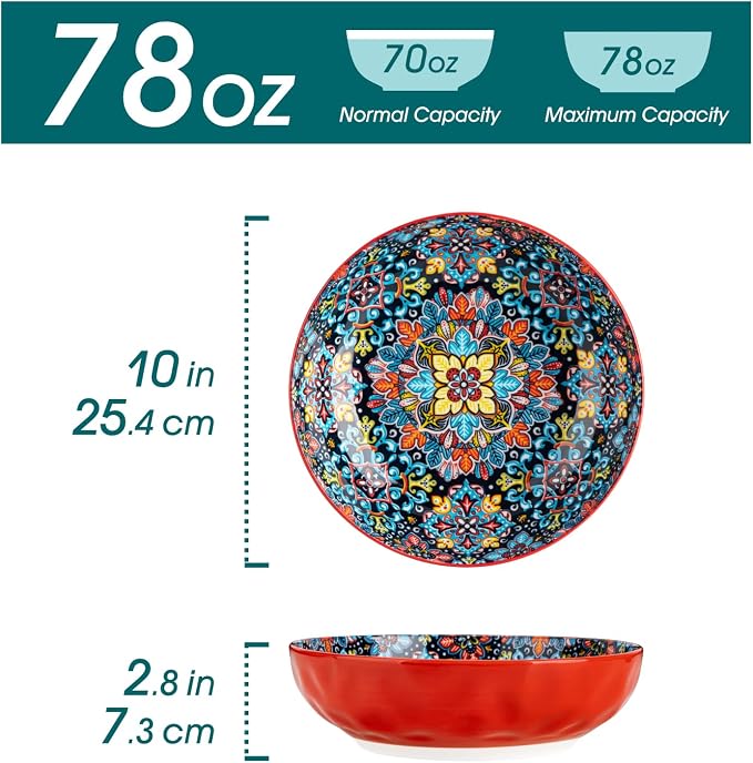 vancasso Large Serving Bowls,78 Oz Salad Bowls Set of 2,Serving Dishes-Red | Bohemian Decorative Bowls for Salad, Fruit, Pasta and Dinner, Serving Dishes Set for Party, Dishwasher & Microwave Safe