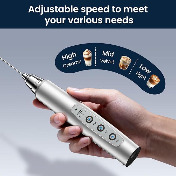 Milk Frother Wand Rechargeable Handheld Electric Whisk 3 Speed Adjustable | Coffee Frother Wand with 3 Stainless Whisks Electric Foam Maker Drink Mixer Blender for Latte Cappuccino Matcha Egg