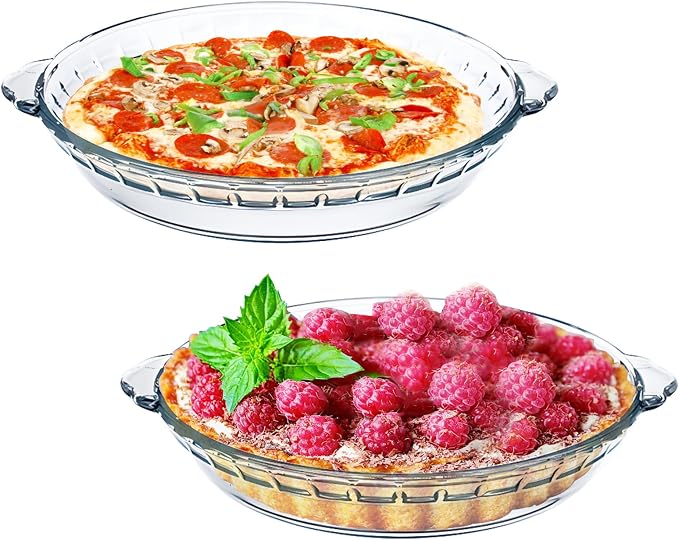 2-Pack (8") Glass Baking Dish Set, Round Glass Pie Pan for Dinner Baking and Serving with Easy Grab Handle