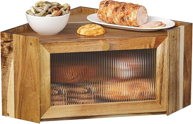 Trironsun Stylish Acacia Corner Bread Box for Kitchen Counter Wood Large Capacity Rustic Bread Storage Container with Wavy Arcylic Transparent Door for Homemade Bread (Acacia Wood)